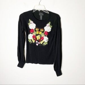Magaschoni Black Silk Blend Floral Embroidered Balloon Sleeve Sweater Size Small